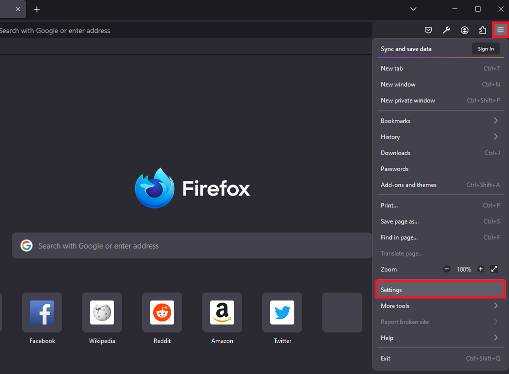 Firefox Settings menu.