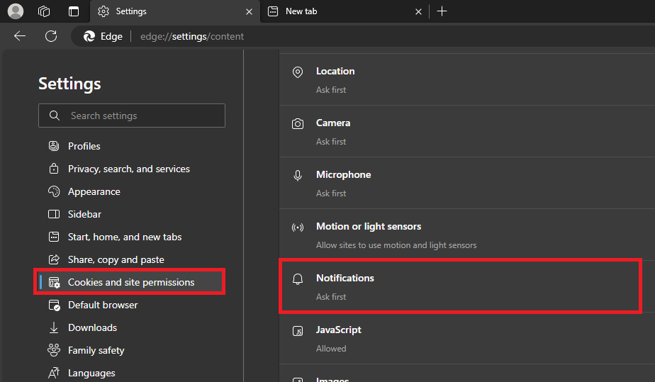 Edge's Cookies and Site Permissions settings.