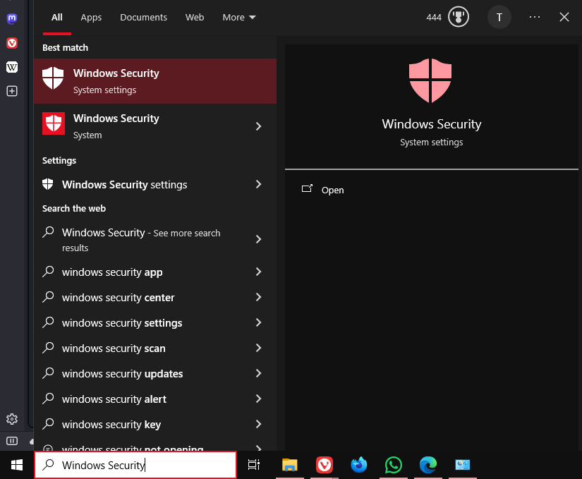 Windows Security displayed in the Start menu