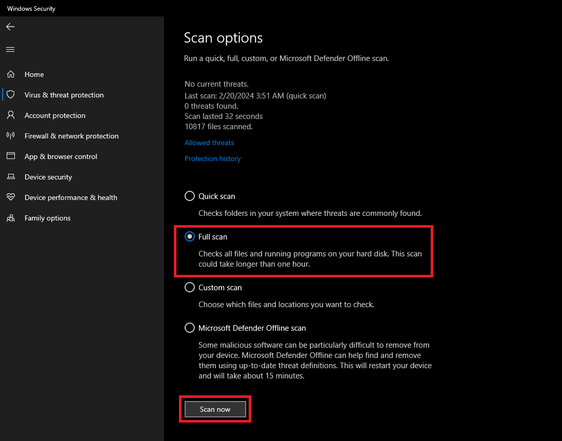 Full Scan selection in Windows Security
