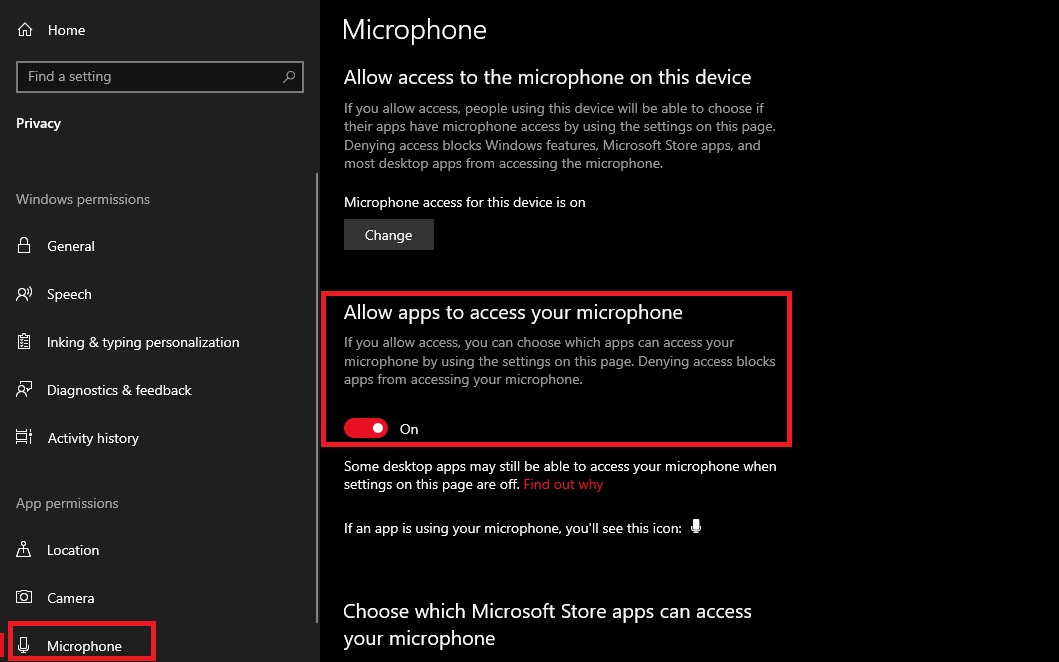 Allowing Apps to Access the Microphone settings.