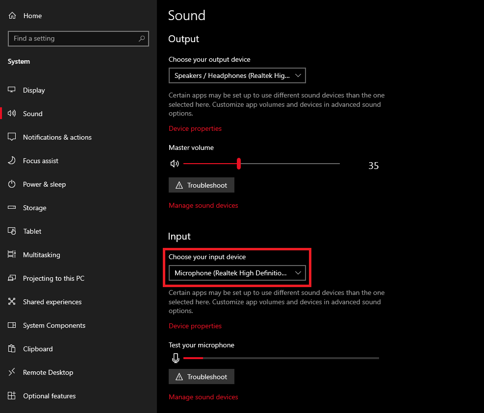 Selecting audio input device in windows sounds setting.
