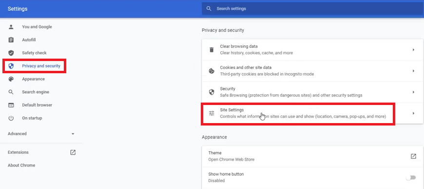 Chrome's Privacy and Security settings.