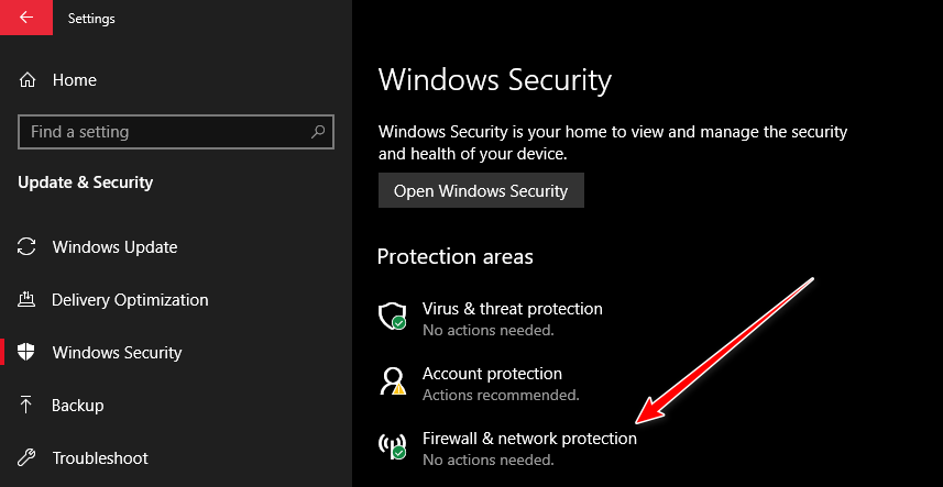 Opening Firewall and Network Protection Menu