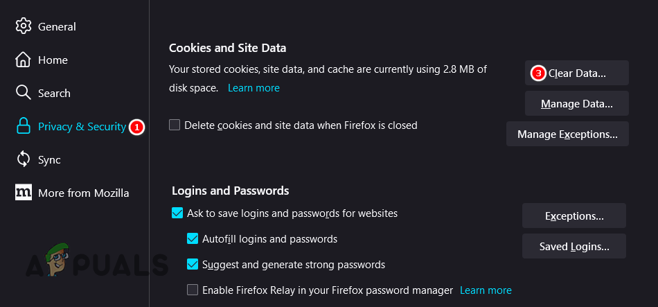 Opening Site Data Settings on Firefox