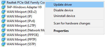 Selecting the Update Drivers option