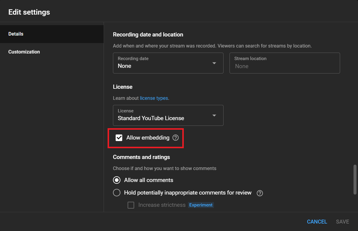 allow embedding in youtube settings