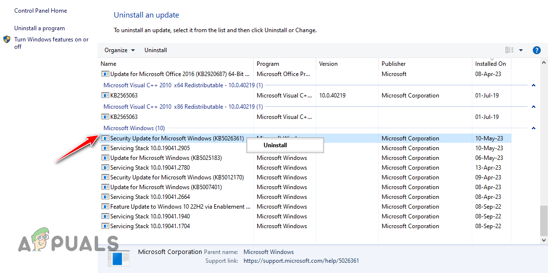 Uninstalling most recent Windows update