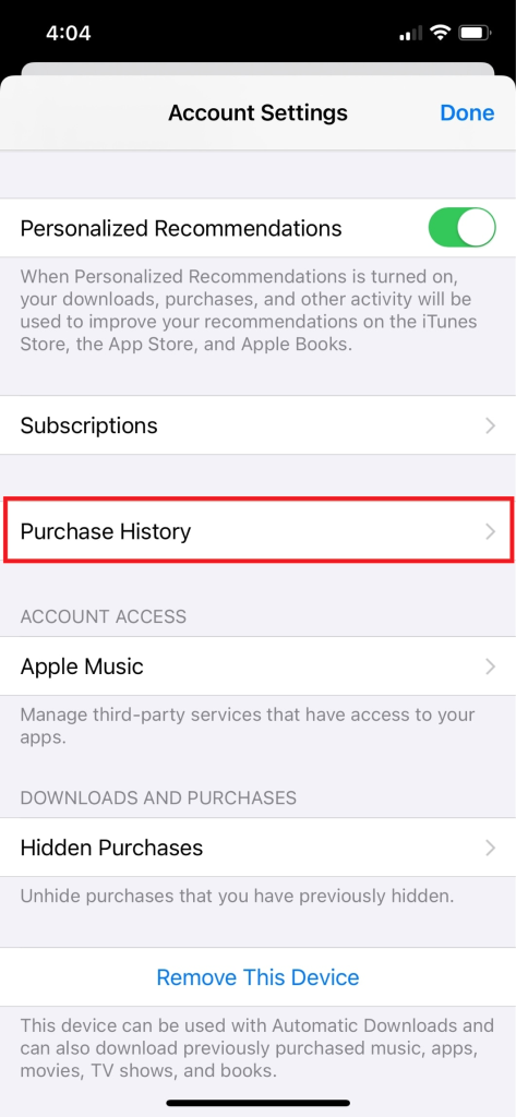 Purchase History iPhone