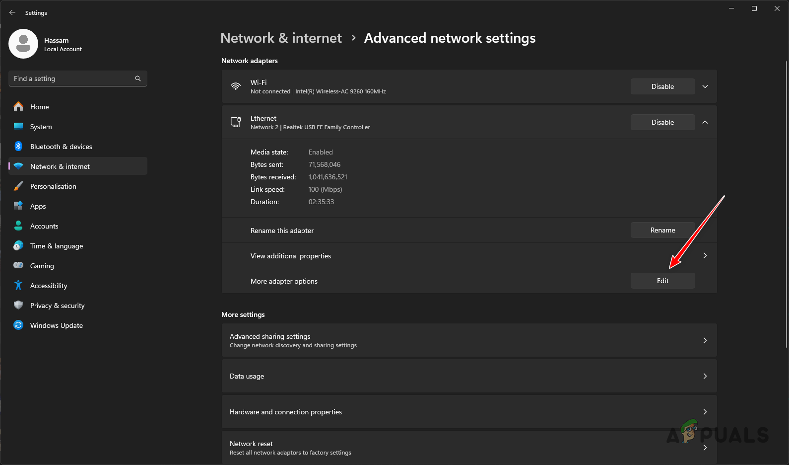 Opening Additional Network Adapter Options