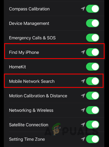 Enabling Find My iPhone and Mobile Network Search