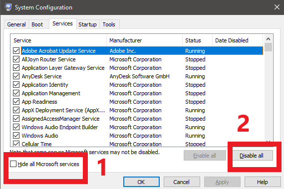 hide all microsoft services and disable all