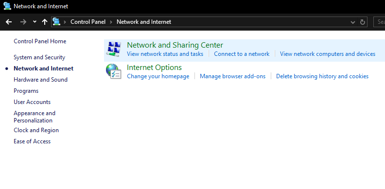 'Network and Sharing Center' highlighted in Windows Control Panel.