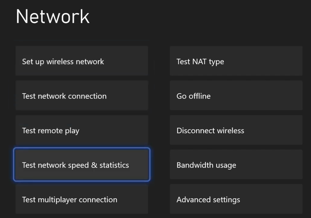 Xbox network settings focusing on the 'Test network speed & statistics' button