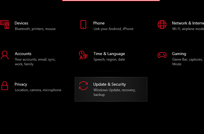 Windows settings showing 'Update & Security'.