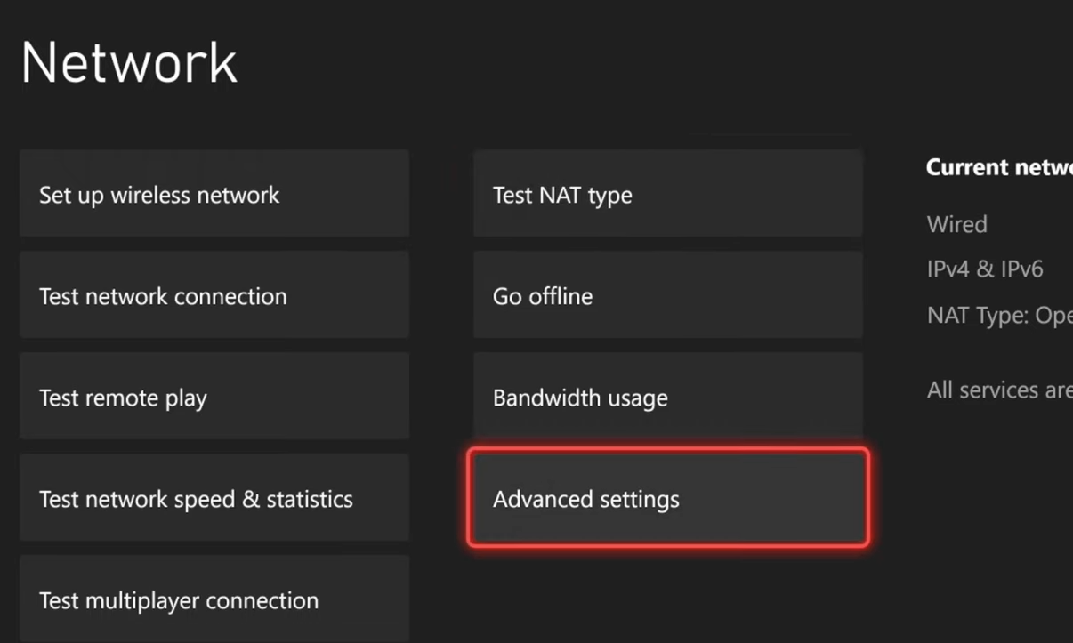 'Advanced settings' option in Xbox's Network settings.
