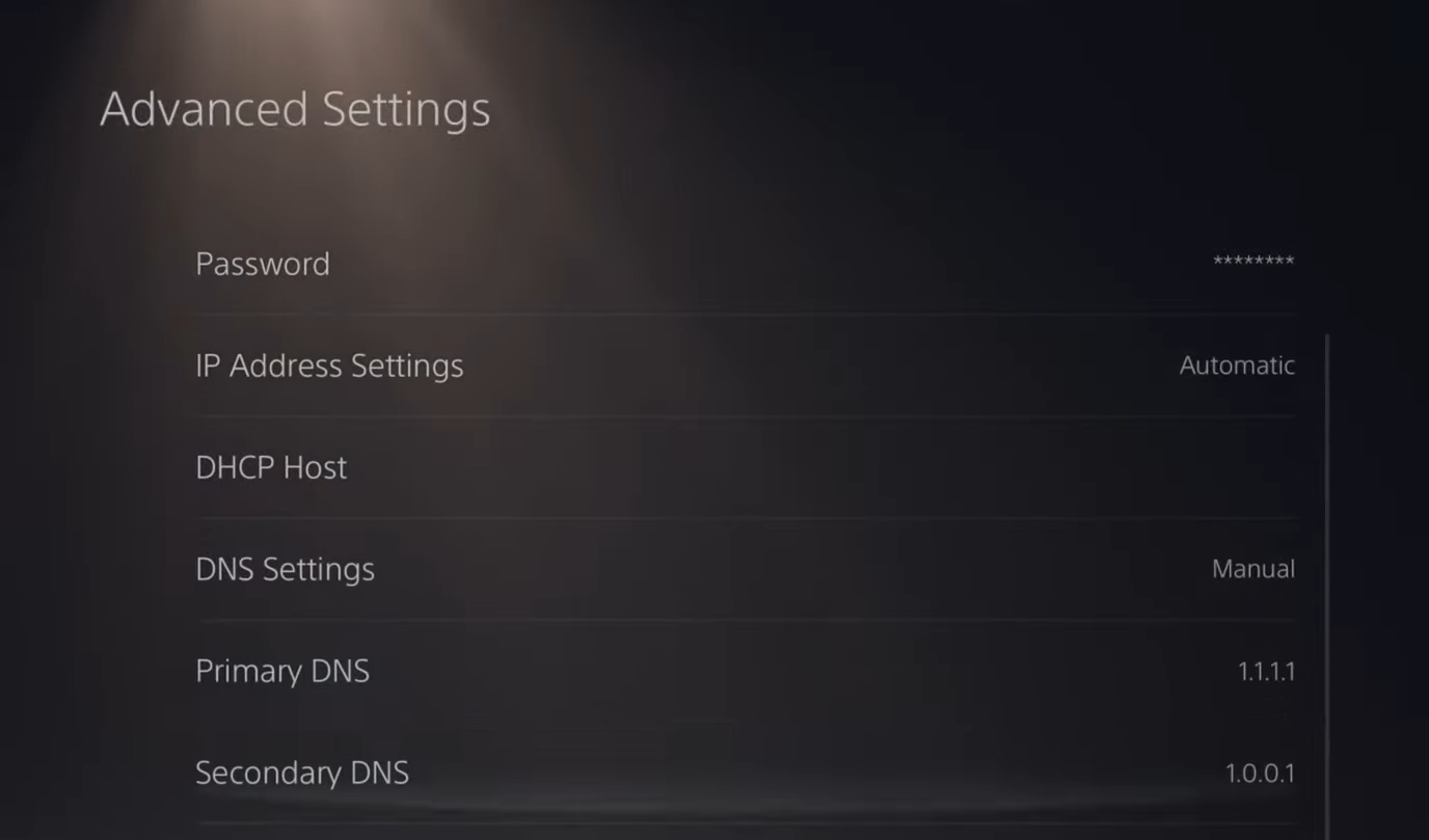 PlayStation's DNS settings with new values.