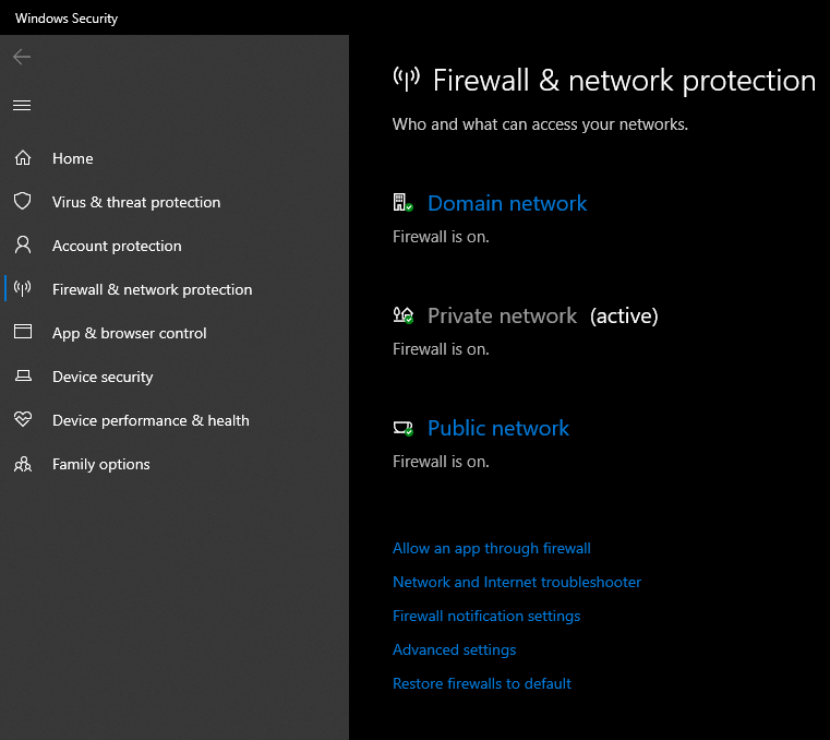 'Private network' highlighted in the Windows 'Firewall & network protection'.