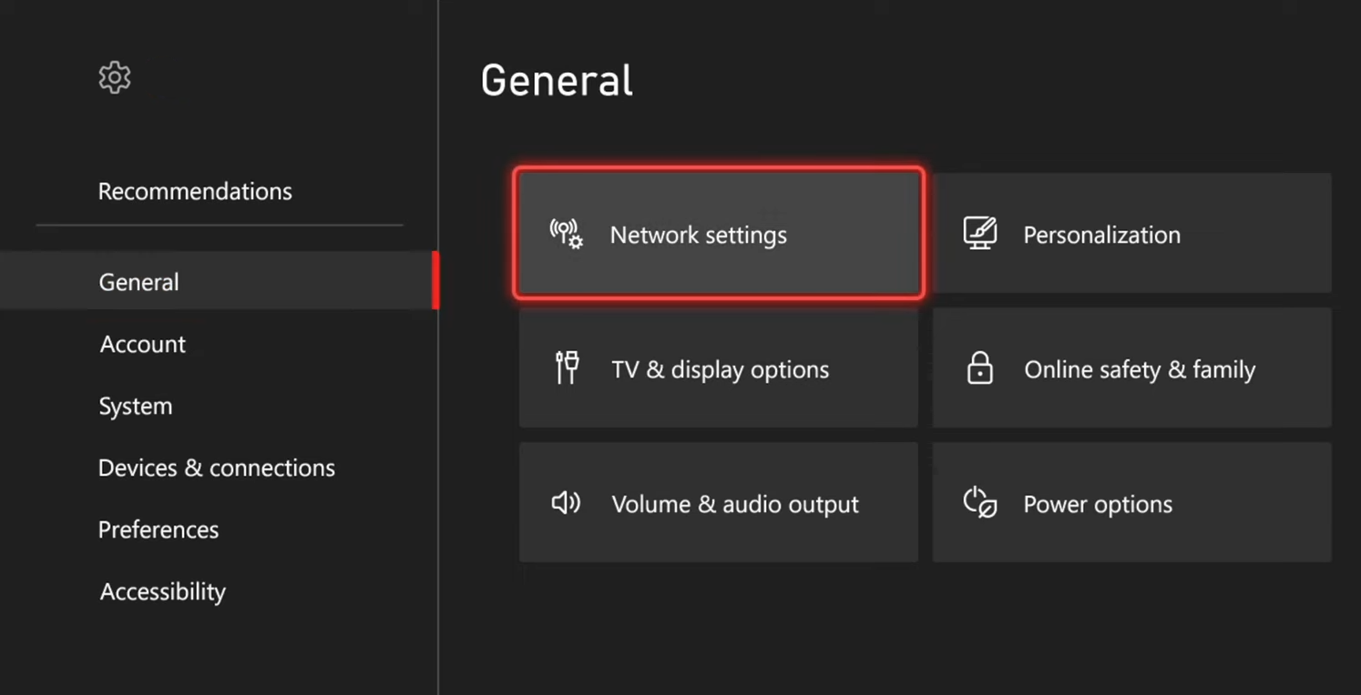 Xbox settings with 'Network Settings' highlighted