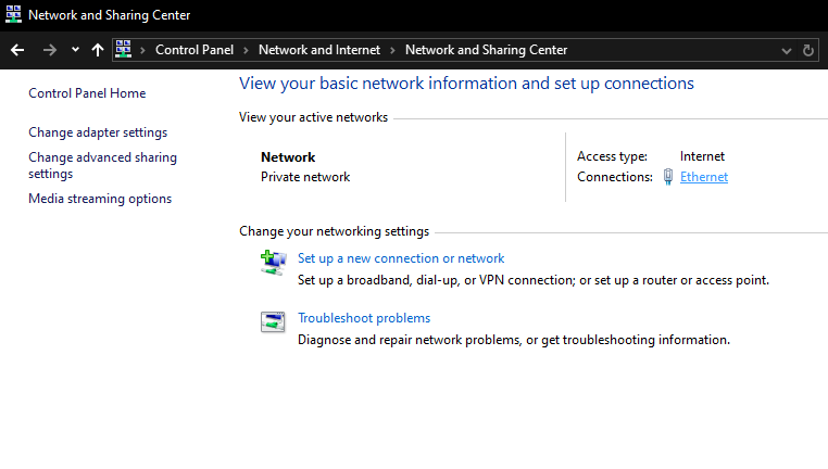 'Ethernet' highlighted in 'Network and Internet' settings.
