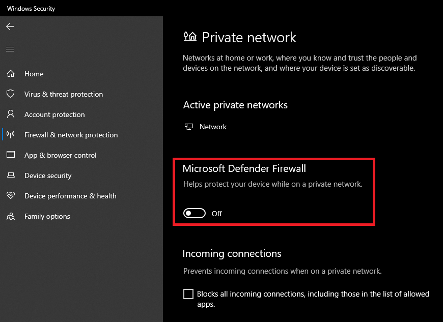 Microsoft Defender Firewall disabled in Windows settings.