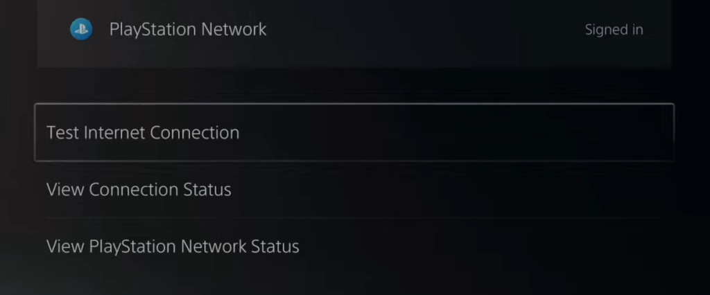 PlayStation network settings hovering on the 'Test Internet Connection' button.