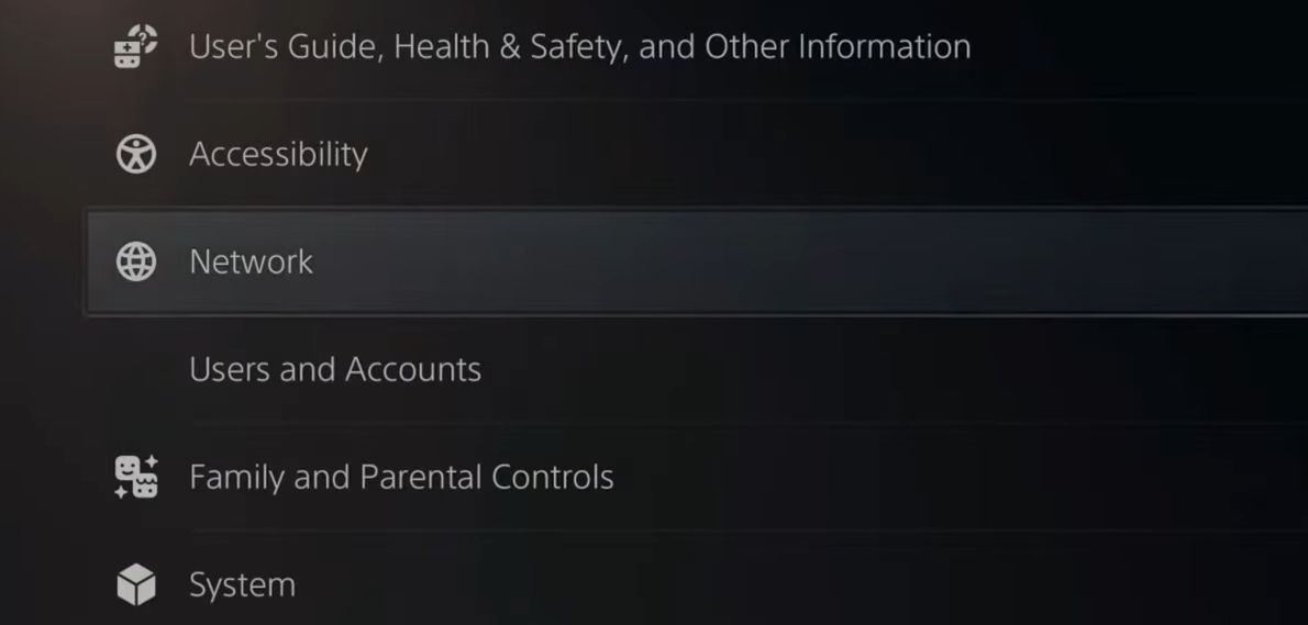 Network option in PlayStation's settings menu.