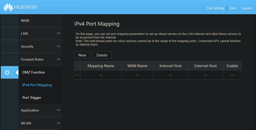 Internet modem Port Mapping settings.