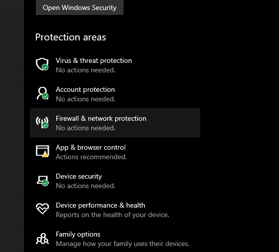 'Firewall & network protection' highlighted inside 'Update & Security' settings.