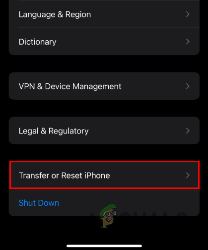 Navigating to Transfer or Reset iPhone