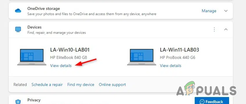 Navigating to Device Details in Microsoft Account