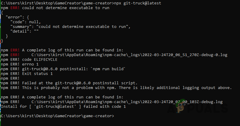 NPM ERR! Could Not Determine Executable to Run Error Message