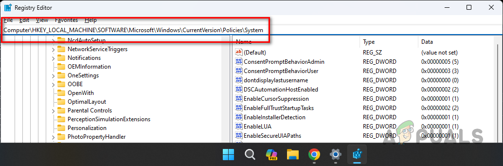 Navigating to System Policies in Registry