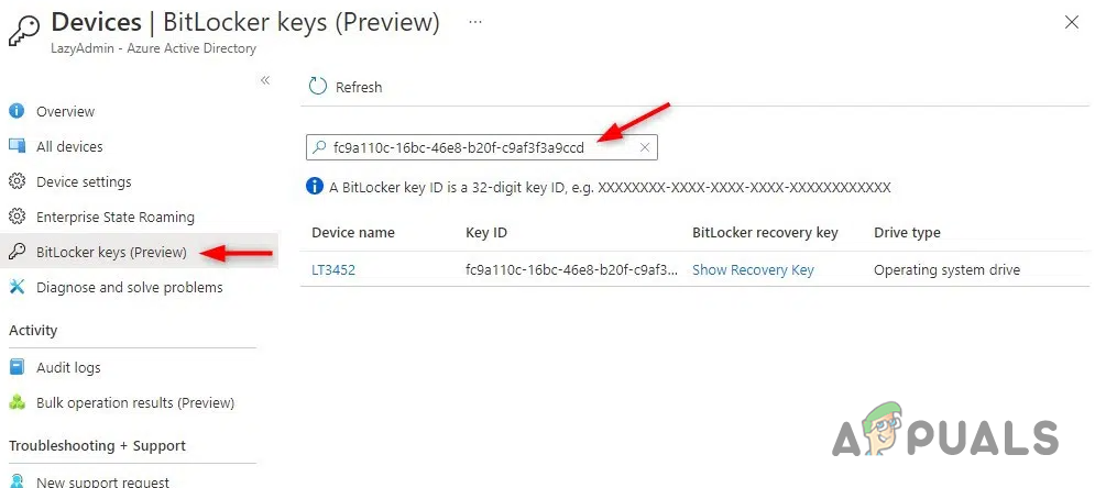 Searching for BitLocker Recovery Key in Azure Active Directory