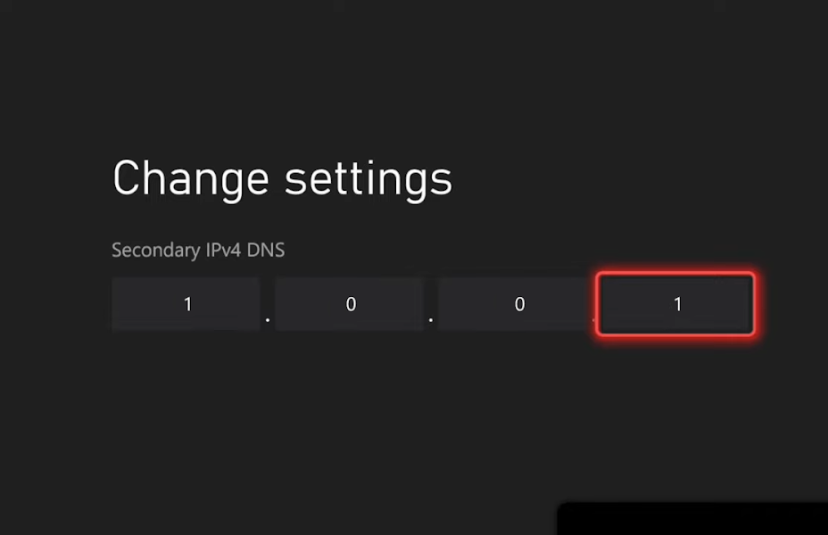 Secondary IPv4 DNS set to 1.0.0.1 on Xbox.