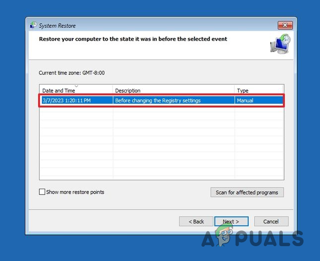 Selecting System Restore Point