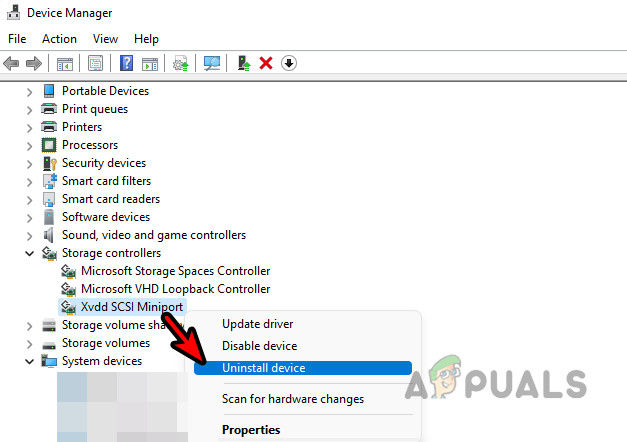 Uninstall XVDD SCSI Miniport in the Device Manager