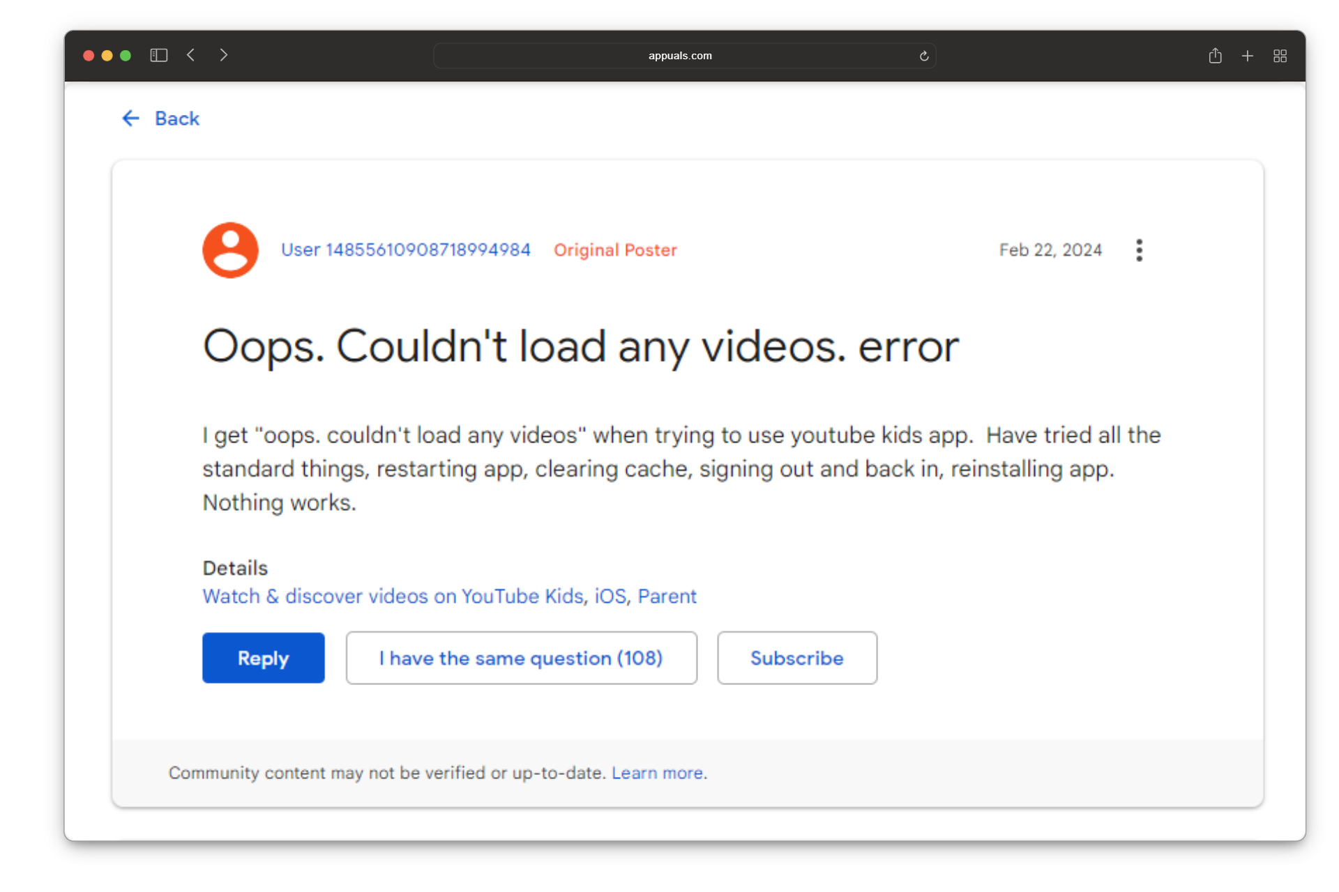 YouTube Kids Error Complaint