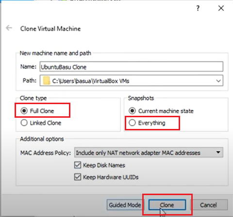 Selecting Full Clone and Snapshots in VirtualBox