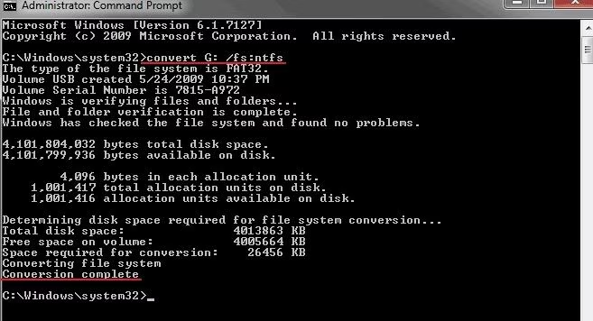 Converting to NTFS command