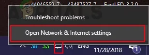 Network and Internet Settings in system tray