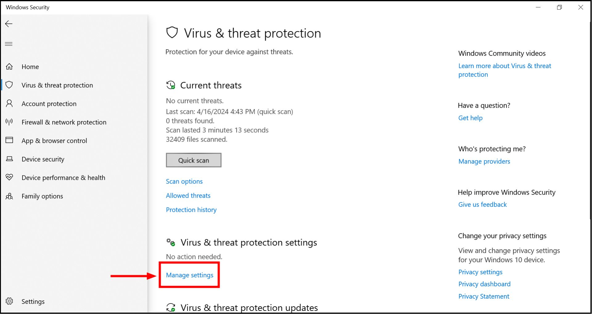Click on Virus & threat protection settings