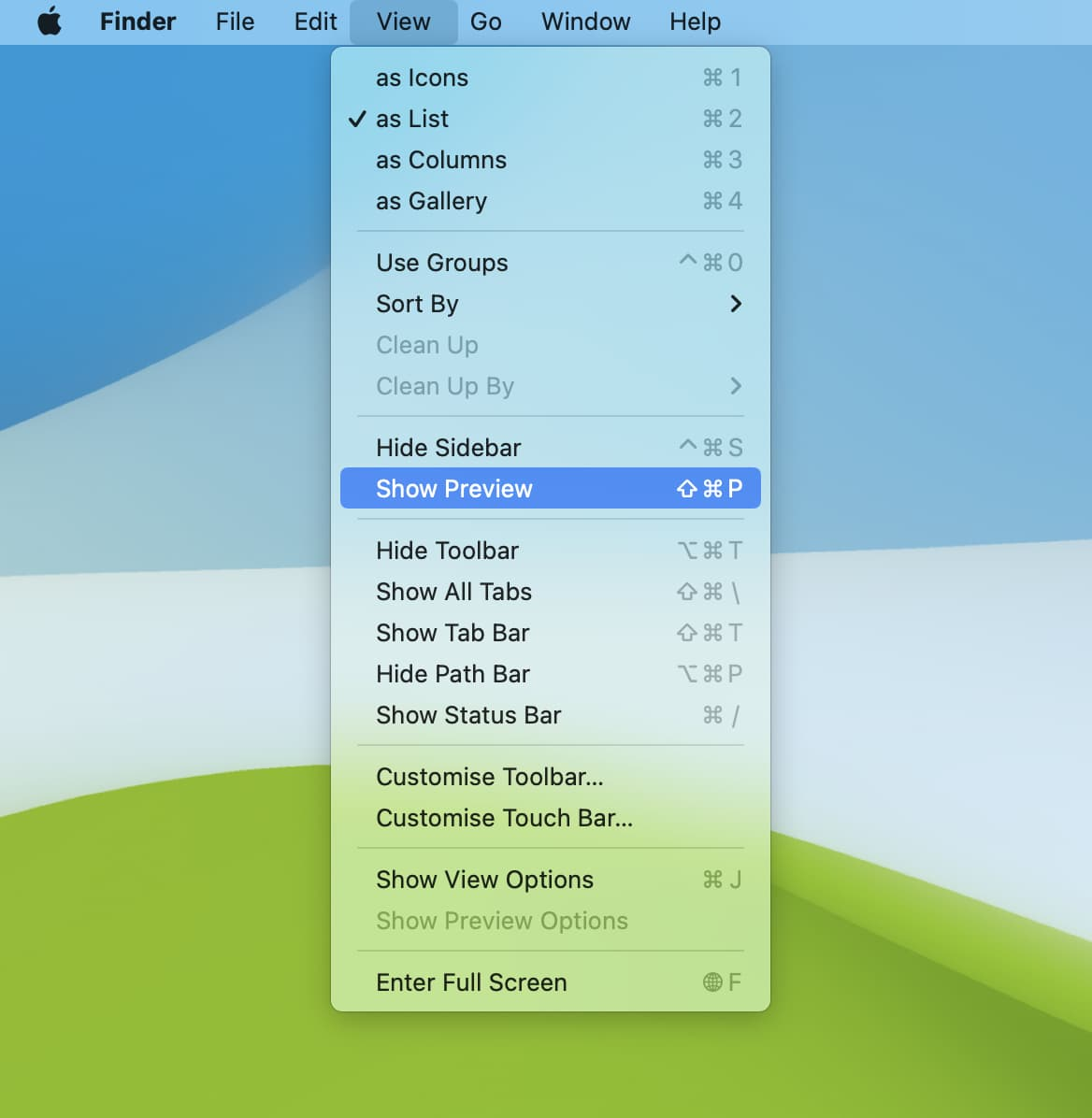 Finder View menu showing Show Preview while the user compares the Preview pane with the full Quick Look window.