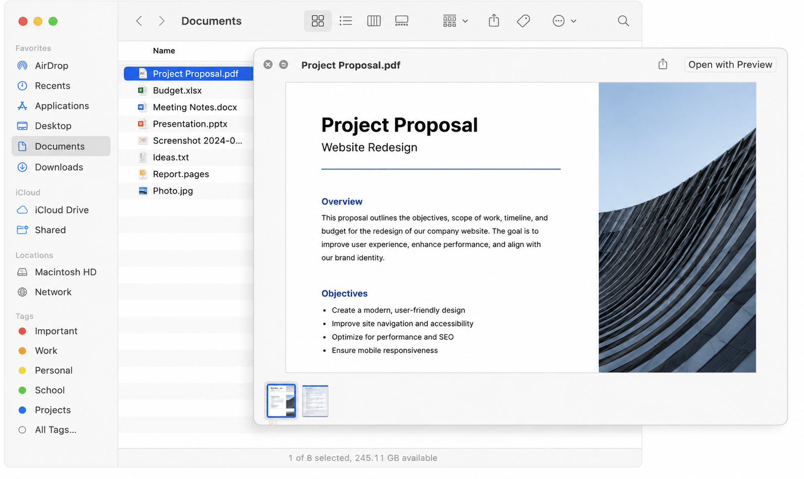 Finder selecting a file and using the Space bar to open the Quick Look preview window.