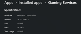 Windows Installed apps Advanced options page showing the Gaming Services version required by Forza Horizon 6.
