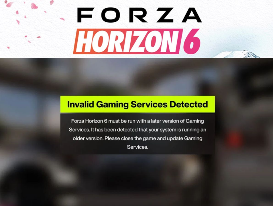 Forza Horizon 6 on PC showing the Invalid Gaming Services Detected warning before the game can continue.