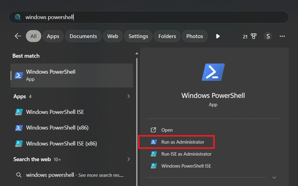 Windows PowerShell being opened as administrator to reinstall Gaming Services for a failed Forza Horizon 6 install.