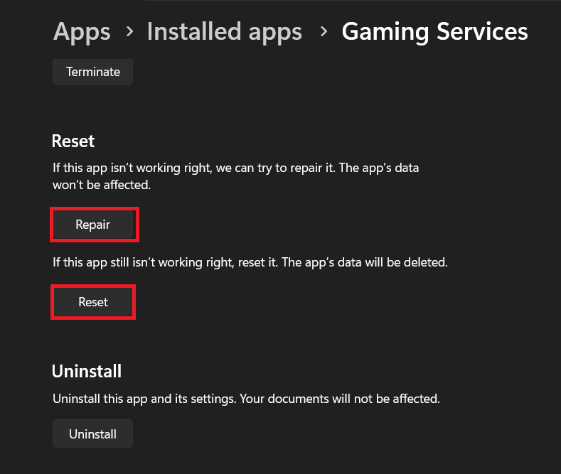 Windows Advanced options for Gaming Services showing the Repair and Reset buttons while fixing an FH6 invalid version warning.