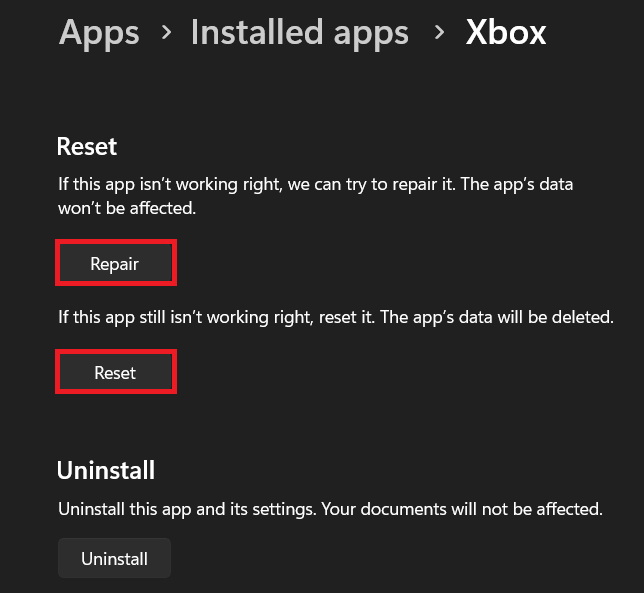 Windows Installed apps opening Advanced options for Microsoft Store and Xbox while troubleshooting Forza Horizon 6 Gaming Services errors.