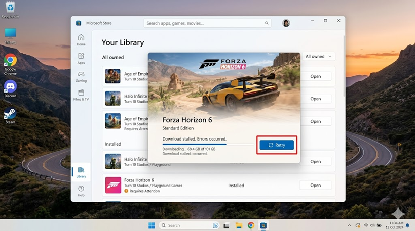 Microsoft Store Library page being used to retry a stalled Forza Horizon 6 installation on PC.